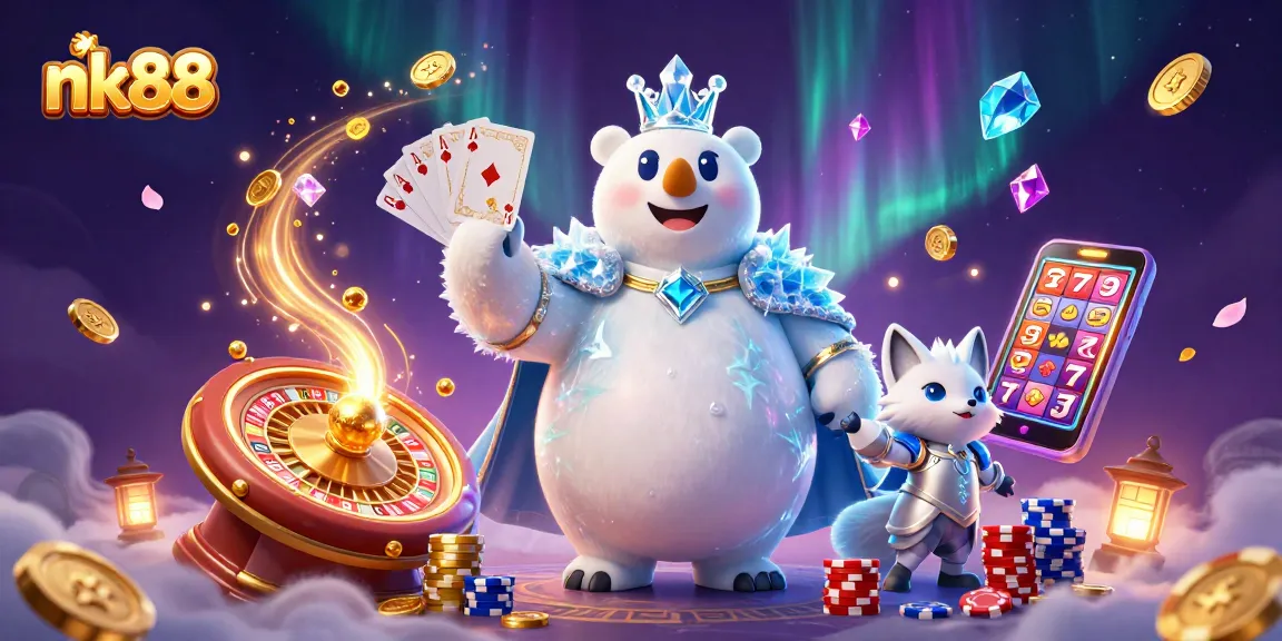 Experience the excitement of gambling with nk88's animated polar bear and fox amid colorful casino elements.