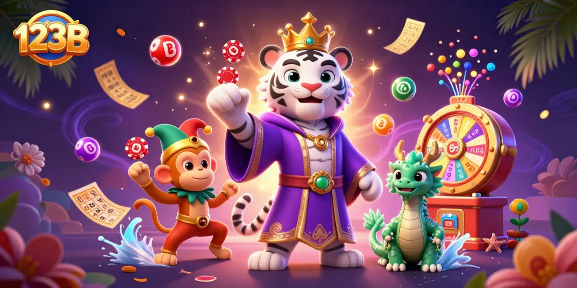 Engage in the exhilarating gaming experience at 123B with lively 3D characters and vibrant casino elements.