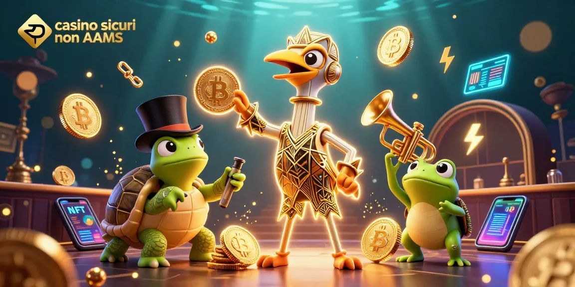 Visualizza i casino sicuri non AAMS in un'illustrazione ricca di dettagli, tra personaggi animati e simboli crittografici.
