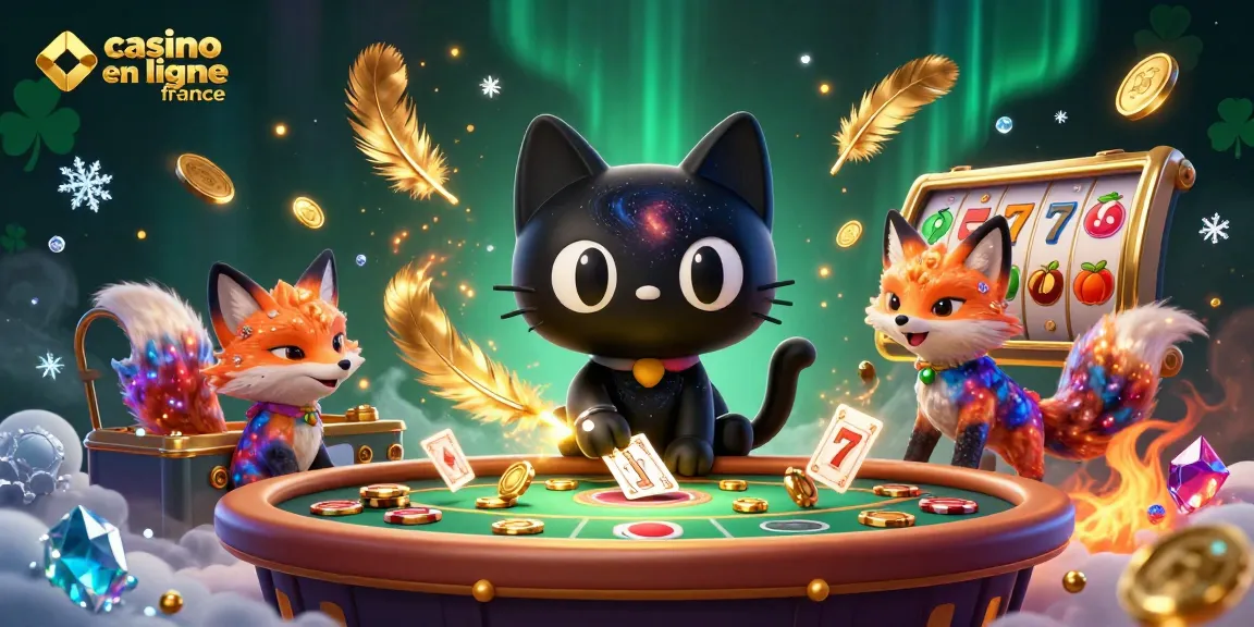 Le casino en ligne France avec un chat noir gravitationnel attirant des jetons d'or et des cartes.