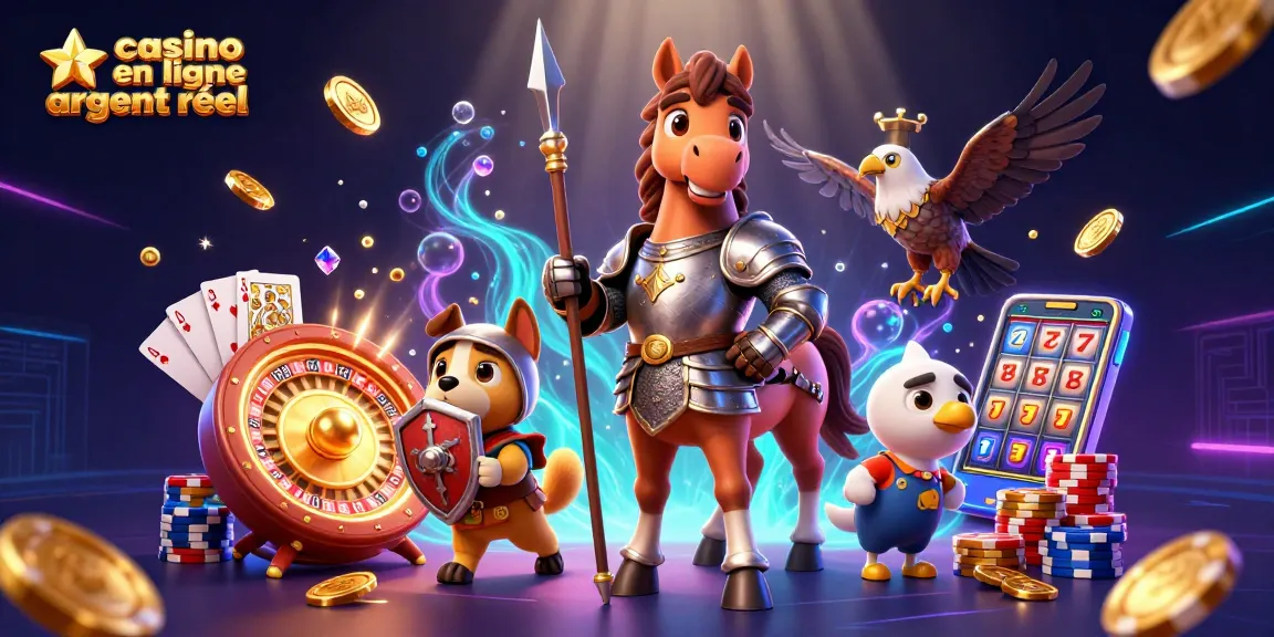 Casino en ligne argent réel avec un cheval médiéval, un chiot écuyer et un faucon, entouré de pièces et de jeux