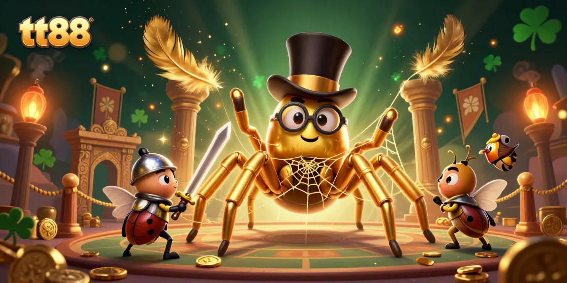 Experience tt88's thrilling casino adventure with a golden tarantula, a brave beetle knight, and vibrant game elements.