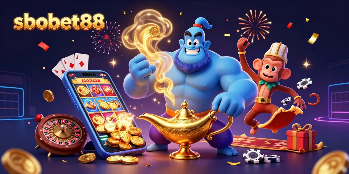 Engage with sbobet88's vibrant casino adventures featuring a genie, monkey, and poker chips.
