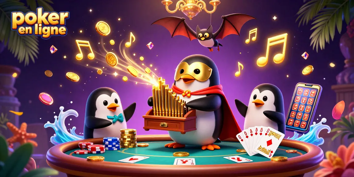 Jouez au poker en ligne et gagnez avec des pièces d'or et des jetons colorés.