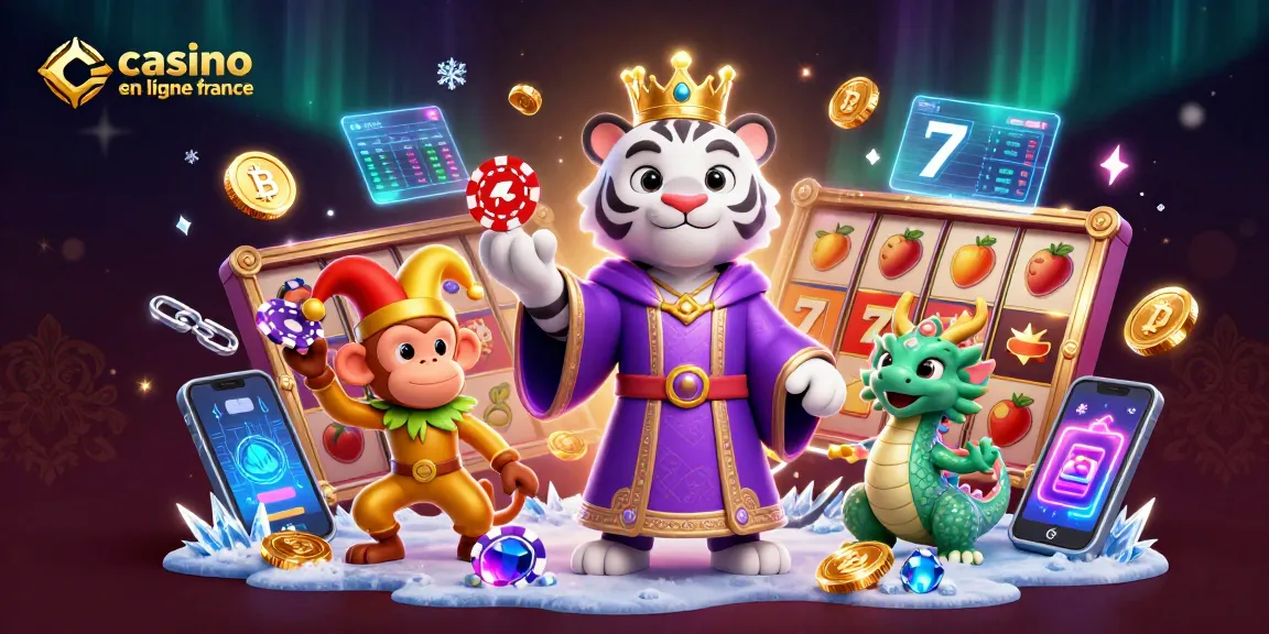 Jouez au casino en ligne France avec des personnages de jeux entourés de symboles de jackpot et de crypto-monnaies.