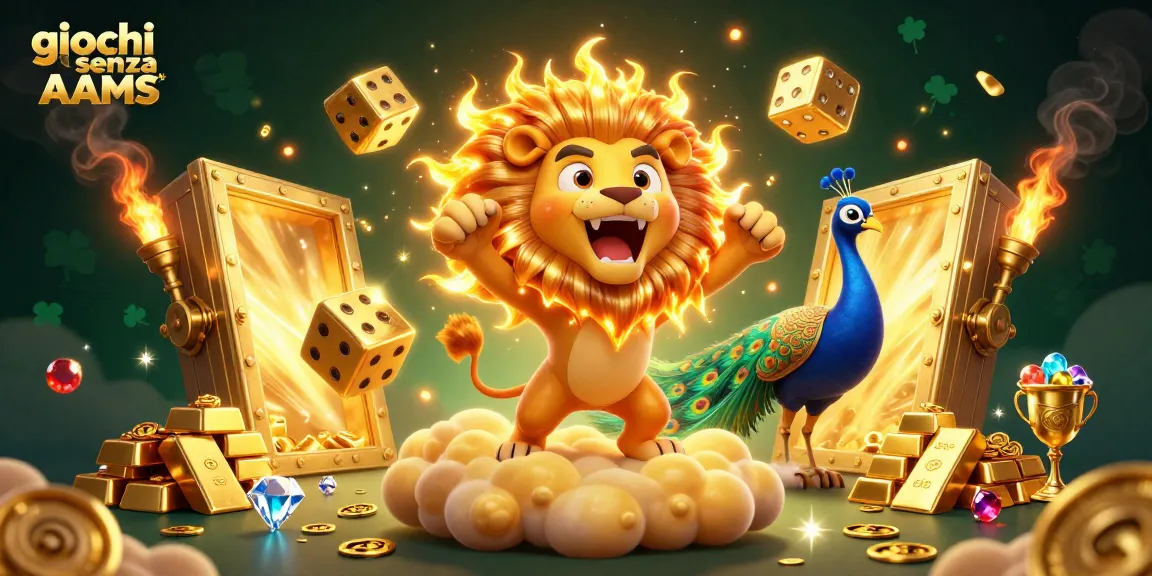 Giocare ai giochi senza AAMS in un'illustrazione spettacolare con un leone sole, dadi d'oro e tesori.
