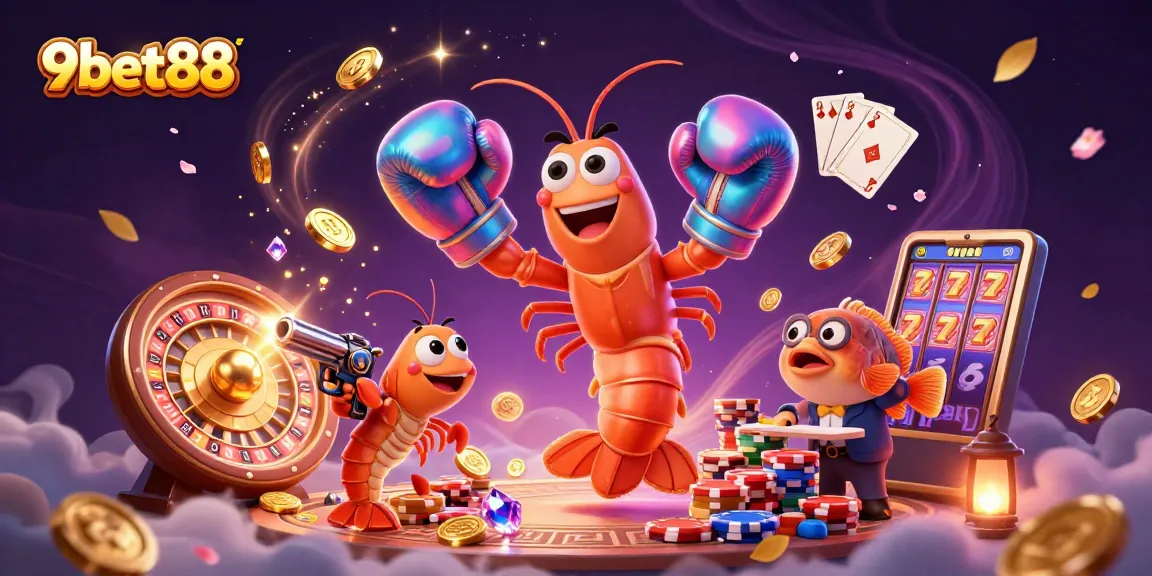 Engage with 9bet88's vibrant casino experience featuring 3D characters, sparkling gems, and dynamic gameplay.