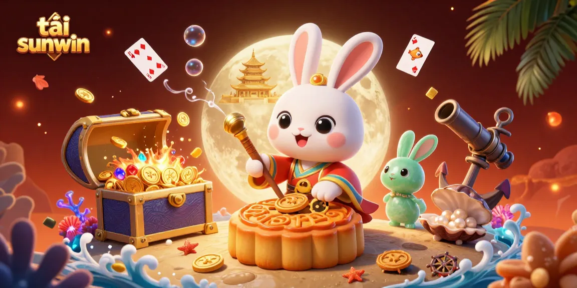 Tải sunwin features an engaging scene with moon rabbits revealing poker chips, showcasing a playful casino theme.