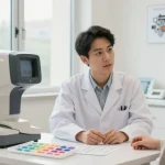Consultation at SNU Eye Clinic discussing 라섹 컬러렌즈 with advanced eye care equipment.