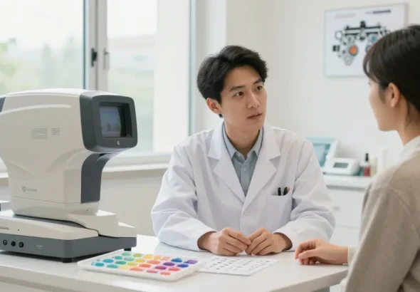 Consultation at SNU Eye Clinic discussing 라섹 컬러렌즈 with advanced eye care equipment.