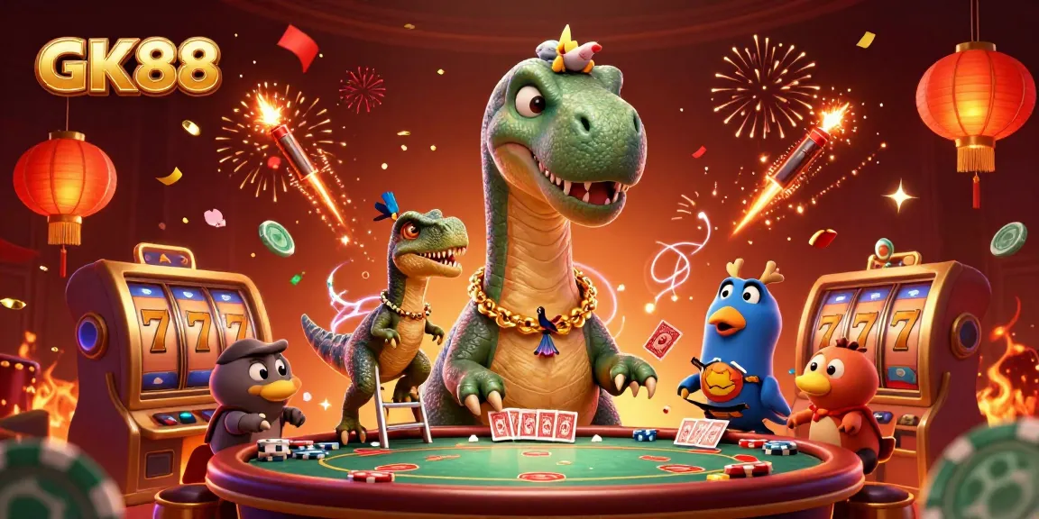 GK88 players strategizing at a vibrant casino scene with 3D characters and slot elements.