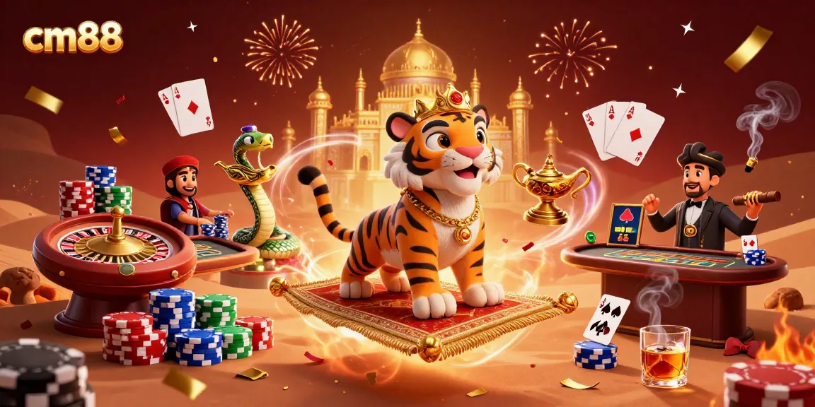 Experience exciting live games at cm88 with an Arabian Nights-themed casino illustration.