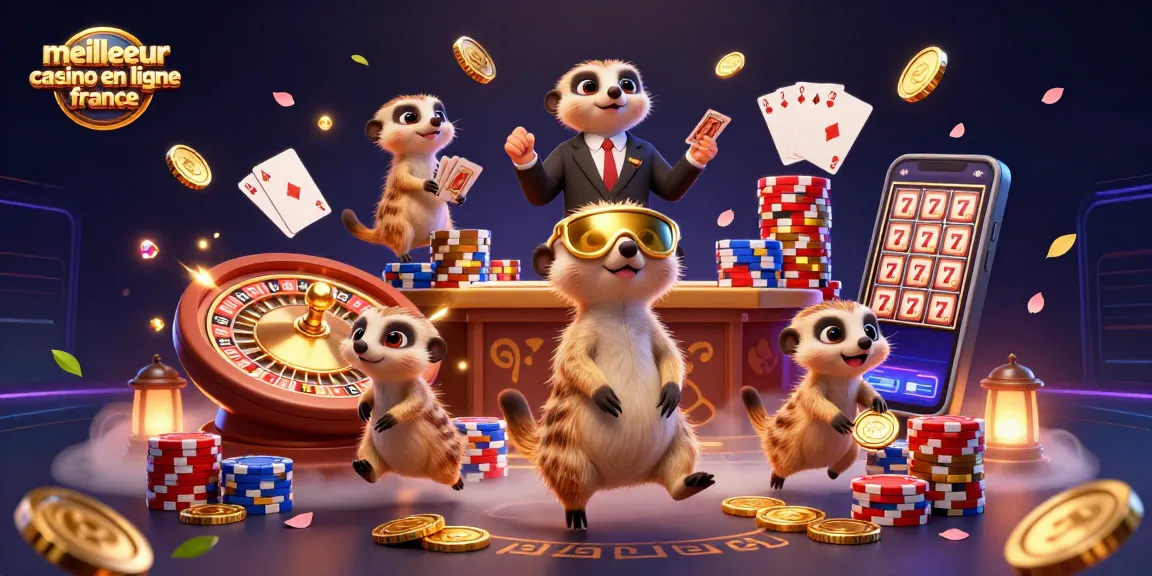 Illustration d'un meilleur casino en ligne en France, avec des suricates animés en pleine action.