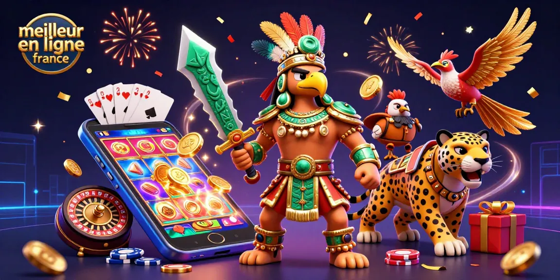 Dans cette illustration vibrante, découvrez le meilleur casino en ligne France avec des personnages de guerriers azteques et des éléments de jeu passionnants.