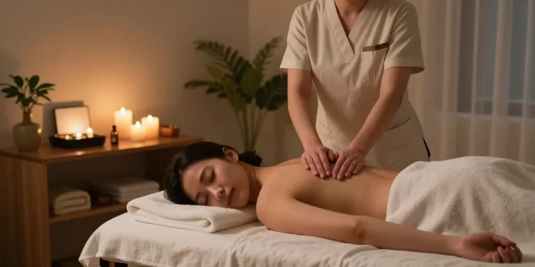 Relaxing 구로출장마사지 in a serene home setting with ambient lighting and a professional massage therapist preparing for a session.