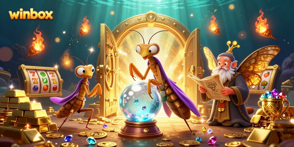 Winbox features a vibrant casino scene with fortune teller mantis, gems, and slot elements.