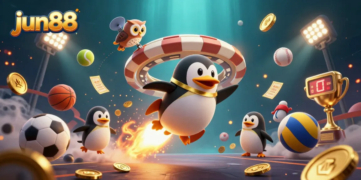 Experience thrilling victories at jun88's casino space with our dynamic 3D illustration featuring a golden penguin!