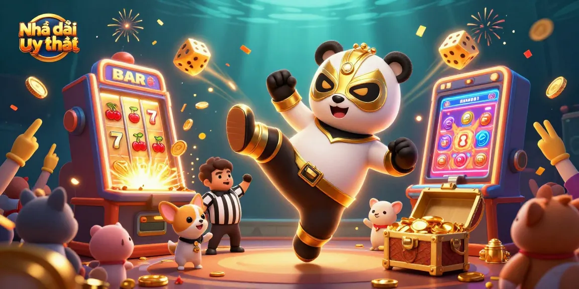 A dynamic scene showcasing Nhà cái uy tín as a 3D panda wrestler kicking, surrounded by vibrant casino-themed elements