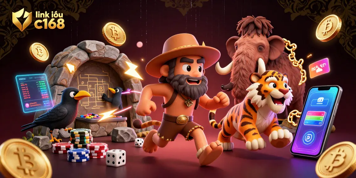 Experience thrilling action with link vào c168, showcasing a dynamic prehistoric casino scene with key characters and crypto elements.