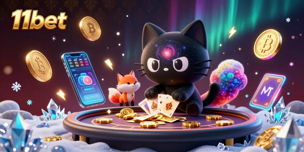 11bet cat and fox companions attract digital casino chips in an energetic cosmic scene.