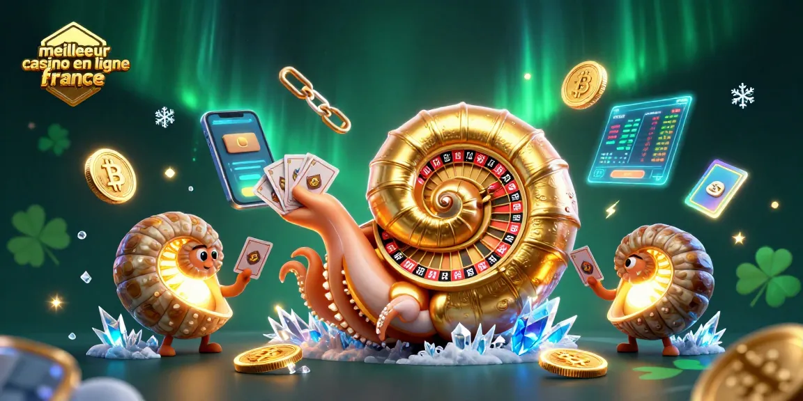 Visualisez le meilleur casino en ligne France avec un nautilus géant en 3D, tenant des cartes et entouré de crypto-monnaies.