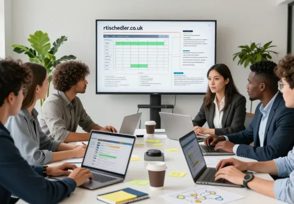 Team collaboration on scheduling solutions at rtischeduler.co.uk in a modern office setting
