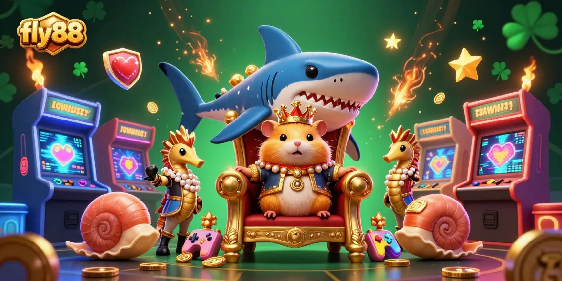 Experience fly88's vibrant casino scene with a golden hamster king and colorful arcade elements.